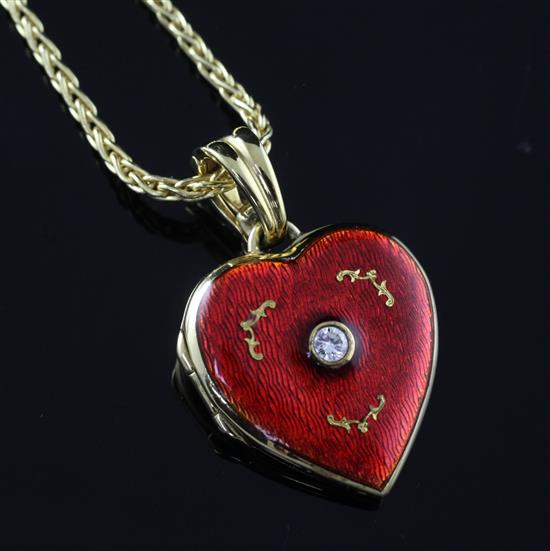 A modern Victor Mayer for Faberge 18ct gold, red enamel and diamond set heart shaped locket, pendant 1in.
